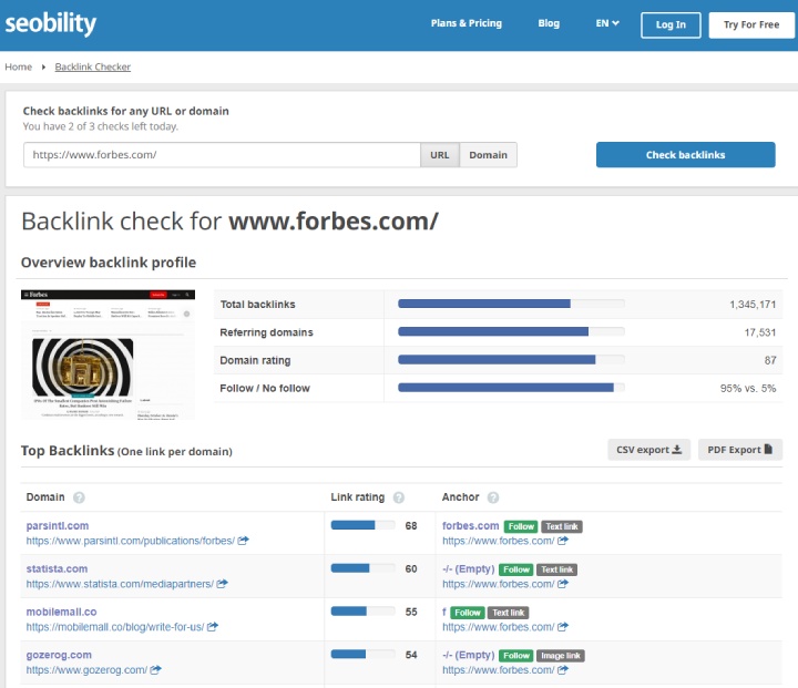Seobility backlink tool