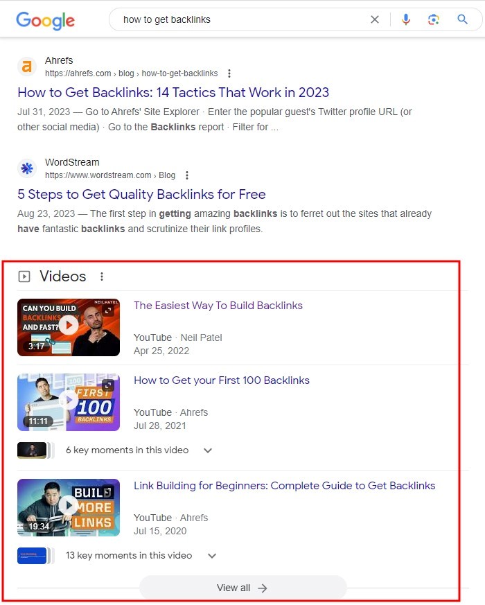 YouTube videos on SERPs