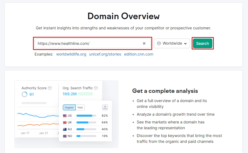 Enter the URL of a competitor or potential host website in the search field