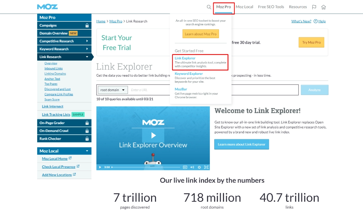 Navigate to Link Explorer through the Moz Pro dashboard